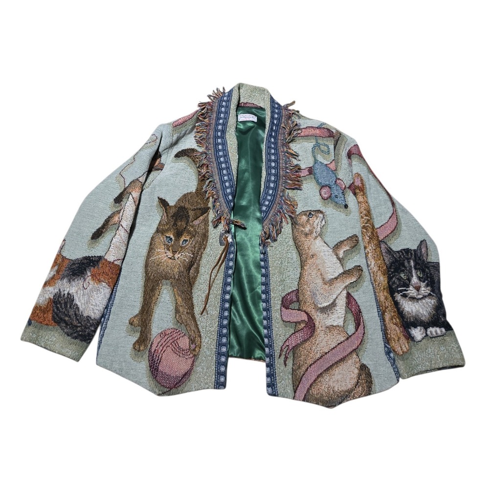 Jans Jems Vintage Woven Tapestry Cat Jacket Fringed Shawl Collar Green XL